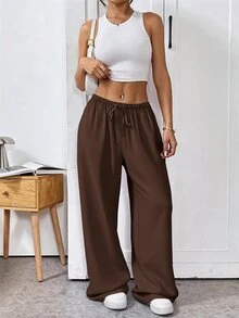 SHEIN EZwear 巧克力棕色编织抽绳女式腰裤 - 巧克力棕 - 查看 5