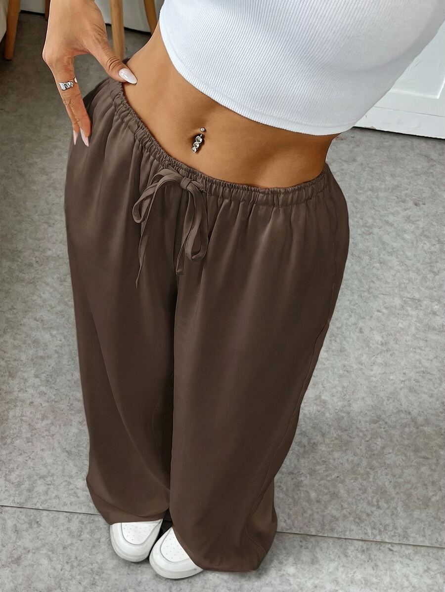 SHEIN EZwear 巧克力棕色编织抽绳女式腰裤