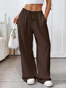 SHEIN EZwear 巧克力棕色编织抽绳女式腰裤 - 巧克力棕 - 查看 6