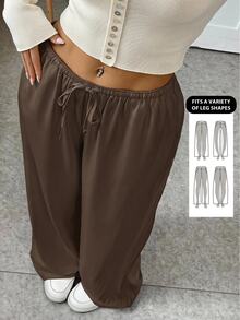 SHEIN EZwear 巧克力棕色编织抽绳女式腰裤 - 巧克力棕 - 查看 8