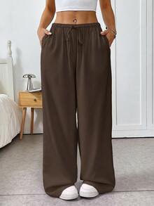 SHEIN EZwear 巧克力棕色编织抽绳女式腰裤 - 巧克力棕 - 查看 4