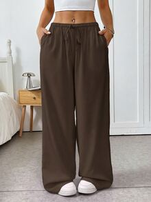 SHEIN EZwear 巧克力棕色编织抽绳女式腰裤 - 巧克力棕 - 查看 9