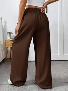 SHEIN EZwear 巧克力棕色编织抽绳女式腰裤 - 巧克力棕 - 查看 3