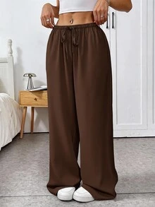 SHEIN EZwear 巧克力棕色编织抽绳女式腰裤 - 巧克力棕 - 查看 7