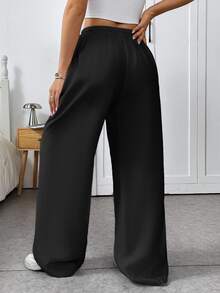 SHEIN EZwear Woven Drawstring Waist Wide Leg Women Long Pants, Black Pants For Summer - Black - View 2