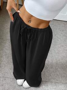 SHEIN EZwear Woven Drawstring Waist Wide Leg Women Long Pants, Black Pants For Summer - Black - View 7
