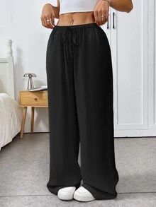 SHEIN EZwear Woven Drawstring Waist Wide Leg Women Long Pants, Black Pants For Summer - Black - View 6