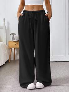 SHEIN EZwear Woven Drawstring Waist Wide Leg Women Long Pants, Black Pants For Summer - Black - View 3