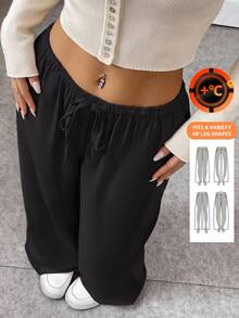 SHEIN EZwear Woven Drawstring Waist Wide Leg Women Long Pants, Black Pants For Summer - Black - View 1