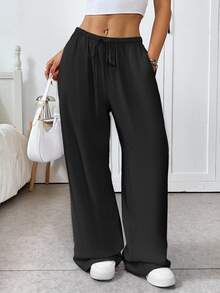 SHEIN EZwear Woven Drawstring Waist Wide Leg Women Long Pants, Black Pants For Summer - Black - View 5