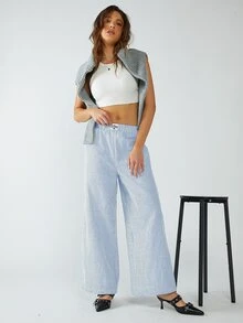 SHEIN EZwear 藍色條紋織物女裝褲 - 藍白色 - 查看 6