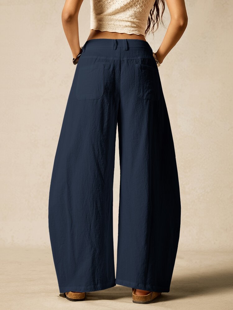 Easelle Navy Blue Woven Wide Leg Barrel Leg Pants For Women Linen Pants For Women Cotton Pants Women,Fall - Navy Blue - View 2