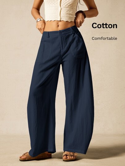Easelle Navy Blue Woven Wide Leg Barrel Leg Pants For Women Linen Pants For Women Cotton Pants Women,Fall