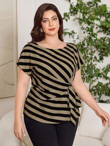 SHEIN Clasi 大尺碼夏季休閒通勤條紋綁腰襯衫 - 棕色 - 查看 8