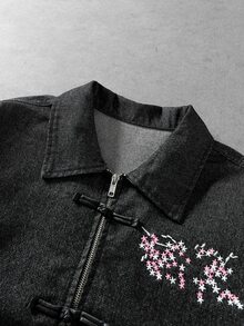 ROMWE MEN Men's Floral Print Casual Daily Wear Denim Jacket - Black - View 5