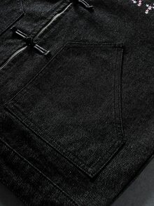 ROMWE MEN Men's Floral Print Casual Daily Wear Denim Jacket - Black - View 6