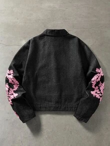ROMWE MEN Men's Floral Print Casual Daily Wear Denim Jacket - Black - View 2