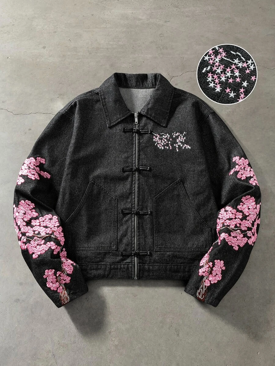 ROMWE MEN Men's Floral Print Casual Daily Wear Denim Jacket - Black - View 1