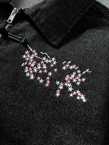 ROMWE MEN Men's Floral Print Casual Daily Wear Denim Jacket - Black - View 4
