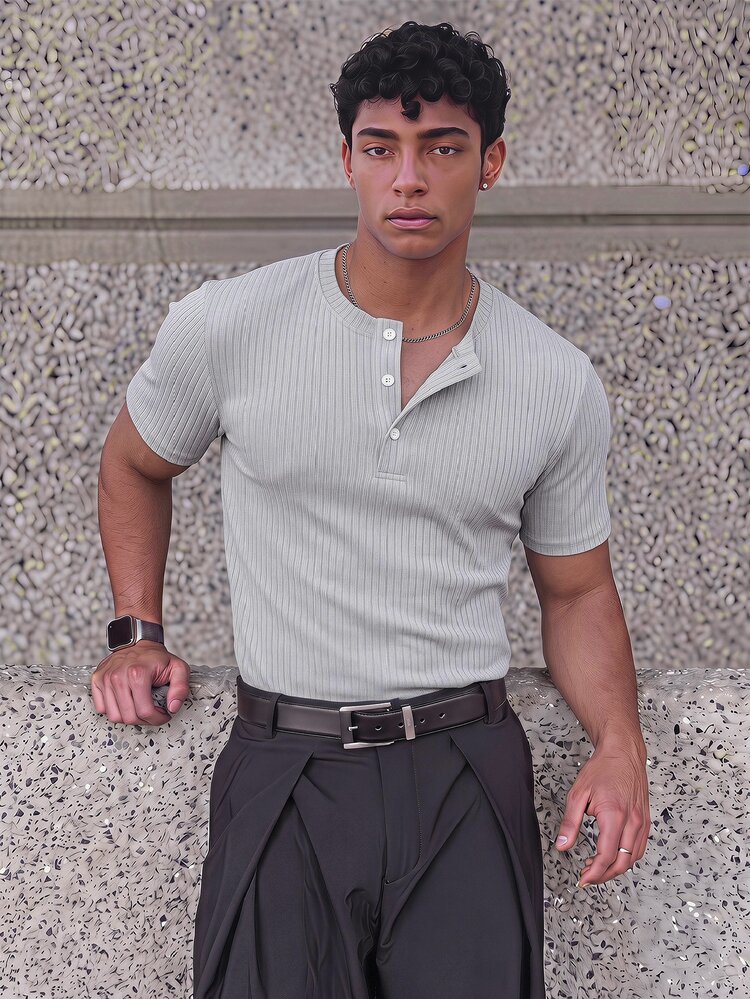 ESTAVOR Men's Summer Casual Fitted Slim Fit Crew Neck Short Sleeve Regular Size Grey Solid - Grey - View 2