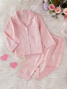 SHEIN 情人節女童幼兒軟綿舒適長袖開襟衫褲套裝，粉色條紋提花布料，愛心刺繡，秋冬季 - 粉色 - 查看 5