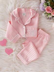 SHEIN 情人節女童幼兒軟綿舒適長袖開襟衫褲套裝，粉色條紋提花布料，愛心刺繡，秋冬季 - 粉色 - 查看 2