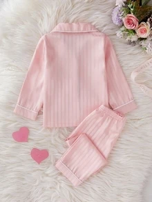 SHEIN 情人節女童幼兒軟綿舒適長袖開襟衫褲套裝，粉色條紋提花布料，愛心刺繡，秋冬季 - 粉色 - 查看 3