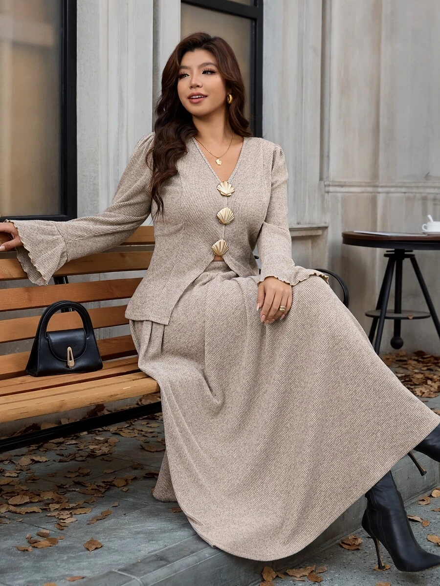 SHEIN Clasi Plus Size Women's 2 Pieces Set, All-Season Wear, Elegant And Sophisticated, Shell Button Ribbed Fuzzy Textured Jacket And Skirt Set Winter - Apricot - View 1