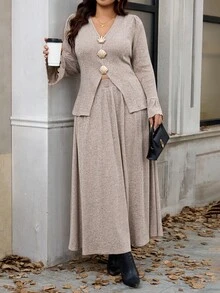 SHEIN Clasi Plus Size Women's 2 Pieces Set, All-Season Wear, Elegant And Sophisticated, Shell Button Ribbed Fuzzy Textured Jacket And Skirt Set Winter - Apricot - View 6