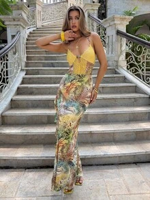 Aloruh Women's Spring/Summer Vacation Butterfly Mesh Print Halter Neck Lace Patchwork Extra Long Slit Ruffle Hem Dress - Multicolor - View 4