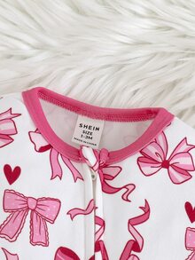 Loomiva 新生女嬰甜美蝴蝶結與愛心粉色圖案針織柔軟圓領長袖居家連身衣 - 淺粉色 - 查看 7