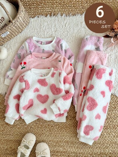 SHEIN Baby Girl Knitted Cute Pattern Faux Fur Sweatshirt & Long Pants 6-Piece Set