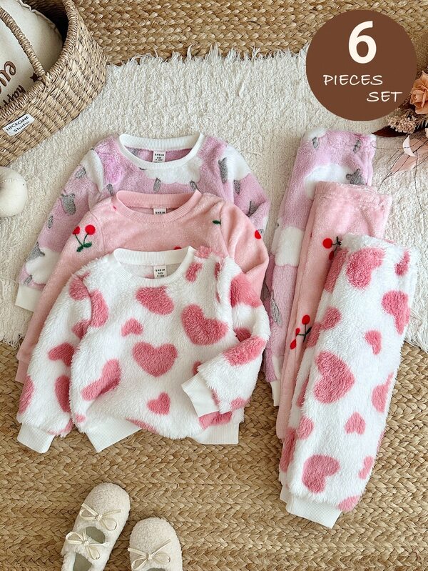 SHEIN Baby Girl Knitted Cute Pattern Faux Fur Sweatshirt & Long Pants 6-Piece Set