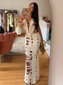 Aloruh Women's Resort Style Deep V Starfish Solid Color Beige Textured Halter Neck Hollow Out Back Tie High Slit Extra Long Dress - Apricot - View 7