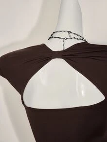 SHEIN ICON Sexy Backless Sweetheart Neck Casual Functional (Moisture Wicking) Dark Brown T-Shirt Going Out Night Out Summer - Coffee Brown - View 8