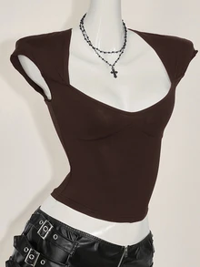 SHEIN ICON Sexy Backless Sweetheart Neck Casual Functional (Moisture Wicking) Dark Brown T-Shirt Going Out Night Out Summer - Coffee Brown - View 6