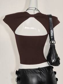 SHEIN ICON Sexy Backless Sweetheart Neck Casual Functional (Moisture Wicking) Dark Brown T-Shirt Going Out Night Out Summer - Coffee Brown - View 2