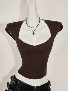 SHEIN ICON Sexy Backless Sweetheart Neck Casual Functional (Moisture Wicking) Dark Brown T-Shirt Going Out Night Out Summer - Coffee Brown - View 5