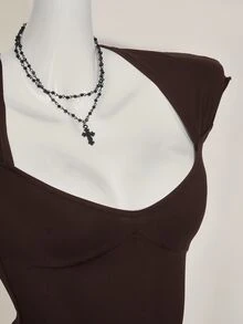 SHEIN ICON Sexy Backless Sweetheart Neck Casual Functional (Moisture Wicking) Dark Brown T-Shirt Going Out Night Out Summer - Coffee Brown - View 7