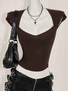 SHEIN ICON Sexy Backless Sweetheart Neck Casual Functional (Moisture Wicking) Dark Brown T-Shirt Going Out Night Out Summer - Coffee Brown - View 3