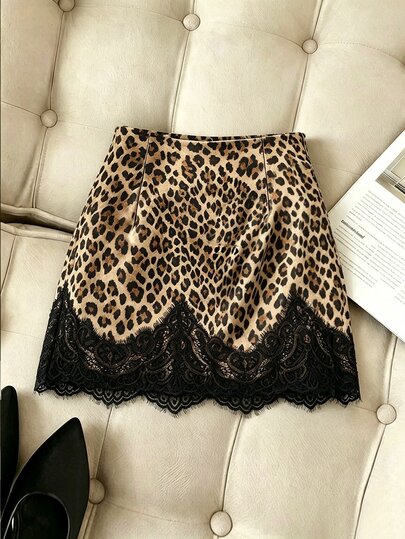 SHEIN Franclia High Waist Leopard Print Satin Mini Skirt With Eyelash Lace Hem, A-Line Short Skirt, Fall Winter Bottoms, Chic Back To School & Teacher Office