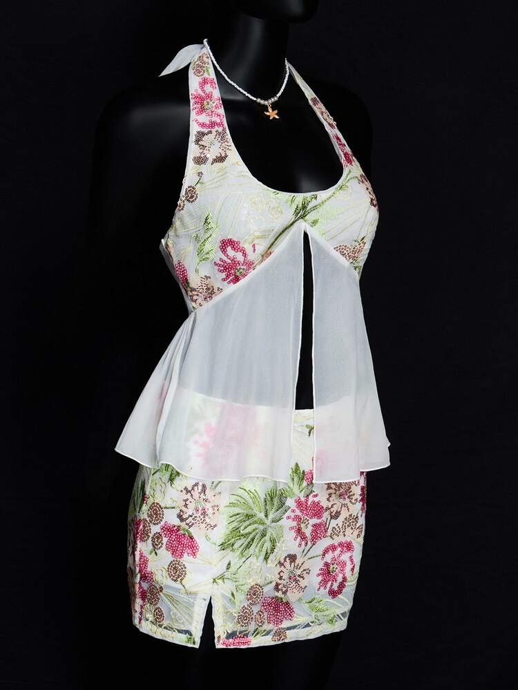 SHEIN ICON Top de cuello halter trasero descubierto con glitter, bordados, lentejuelas y estampado floral, para verano, ideal para salidas y vacaciones - Multicolor - Añade 4