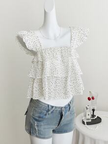 Elamini Women's Blouse With Crinkle Plaid Pattern, Black Polka Dots, Loose Fit Frill Sleeve Design - White - View 4