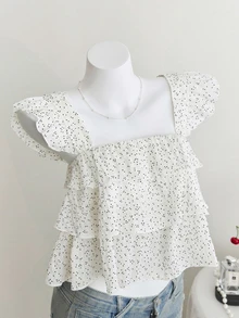 Elamini Women's Blouse With Crinkle Plaid Pattern, Black Polka Dots, Loose Fit Frill Sleeve Design - White - View 1
