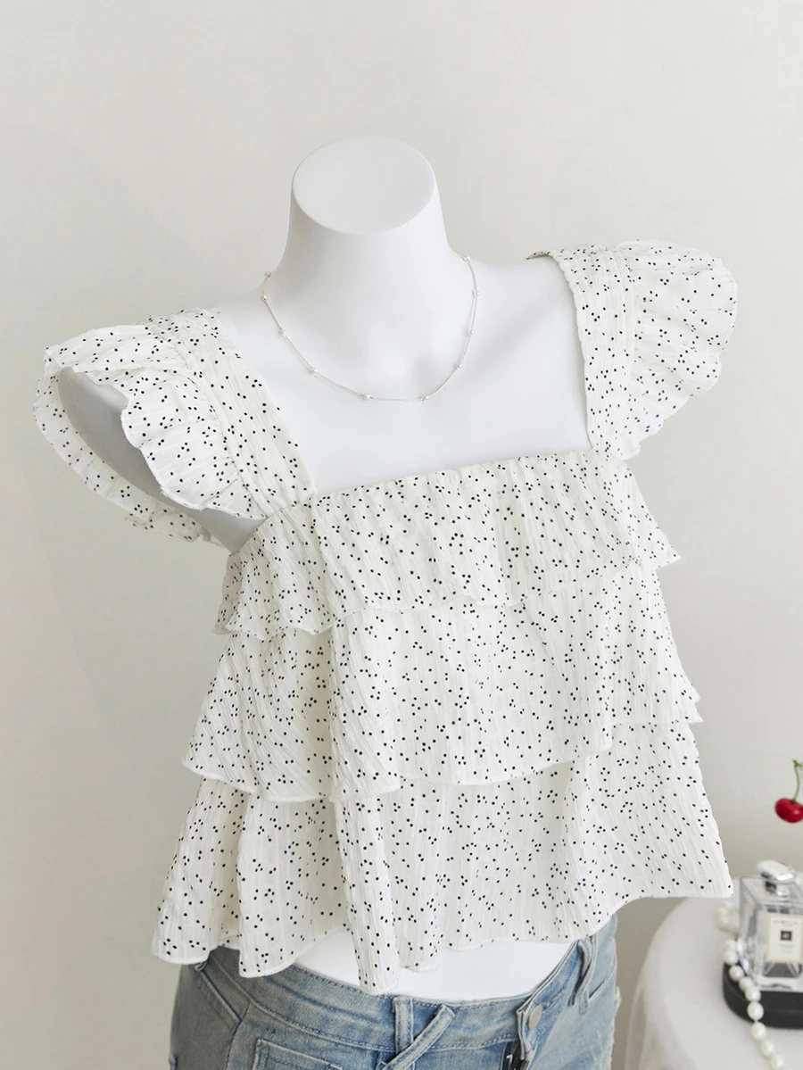 Elamini Women's Blouse With Crinkle Plaid Pattern, Black Polka Dots, Loose Fit Frill Sleeve Design - White - View 1