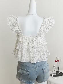 Elamini Women's Blouse With Crinkle Plaid Pattern, Black Polka Dots, Loose Fit Frill Sleeve Design - White - View 2
