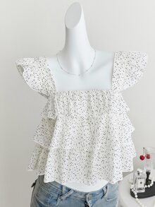 Elamini Women's Blouse With Crinkle Plaid Pattern, Black Polka Dots, Loose Fit Frill Sleeve Design - White - View 3