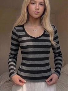SHEIN 青少年女孩秋冬針織條紋拼接長袖T恤 - 棕色 - 查看 8