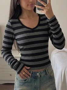 SHEIN 青少年女孩秋冬針織條紋拼接長袖T恤 - 棕色 - 查看 9