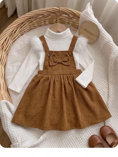 Babygirl Cute Casual Corduroy Bow Autumn Dress & Knit Top 2pcs Set